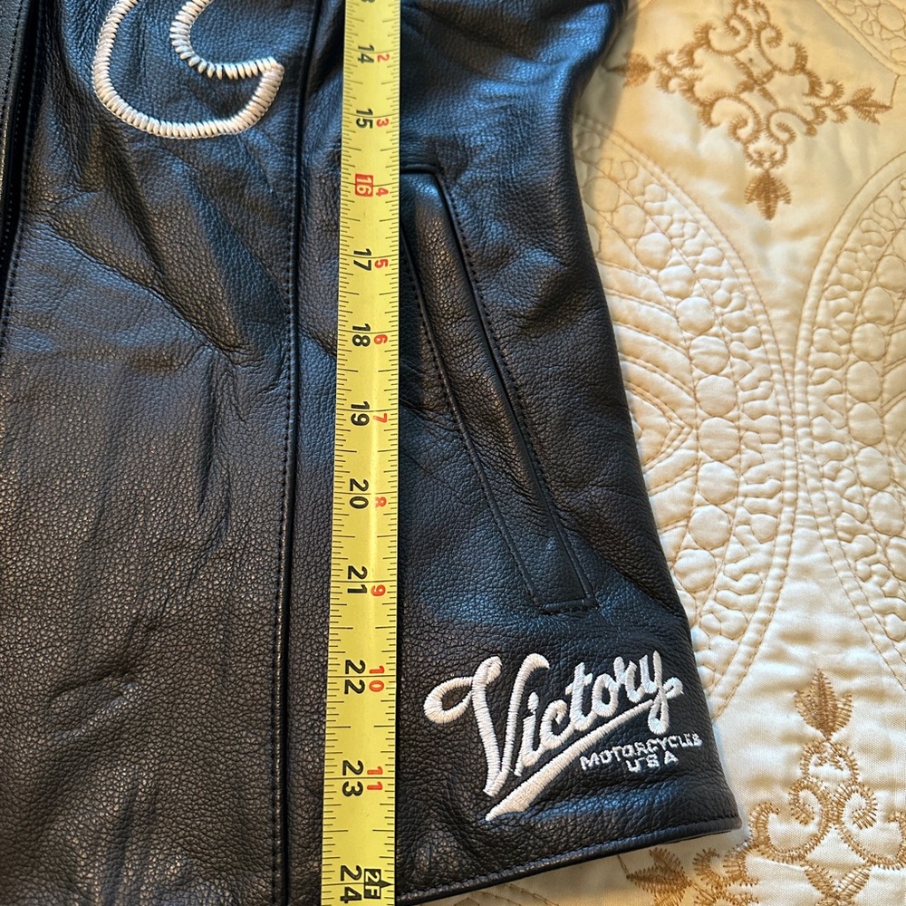 Pure Victory Black Leather Jacket with White embroidered Detailing - Picture 14 of 16
